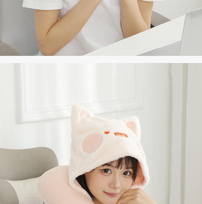 New cartoon hooded U-shaped pillow, plush hooded neck pillow, travel portable neck pillow, soft office nap pillow pic 25