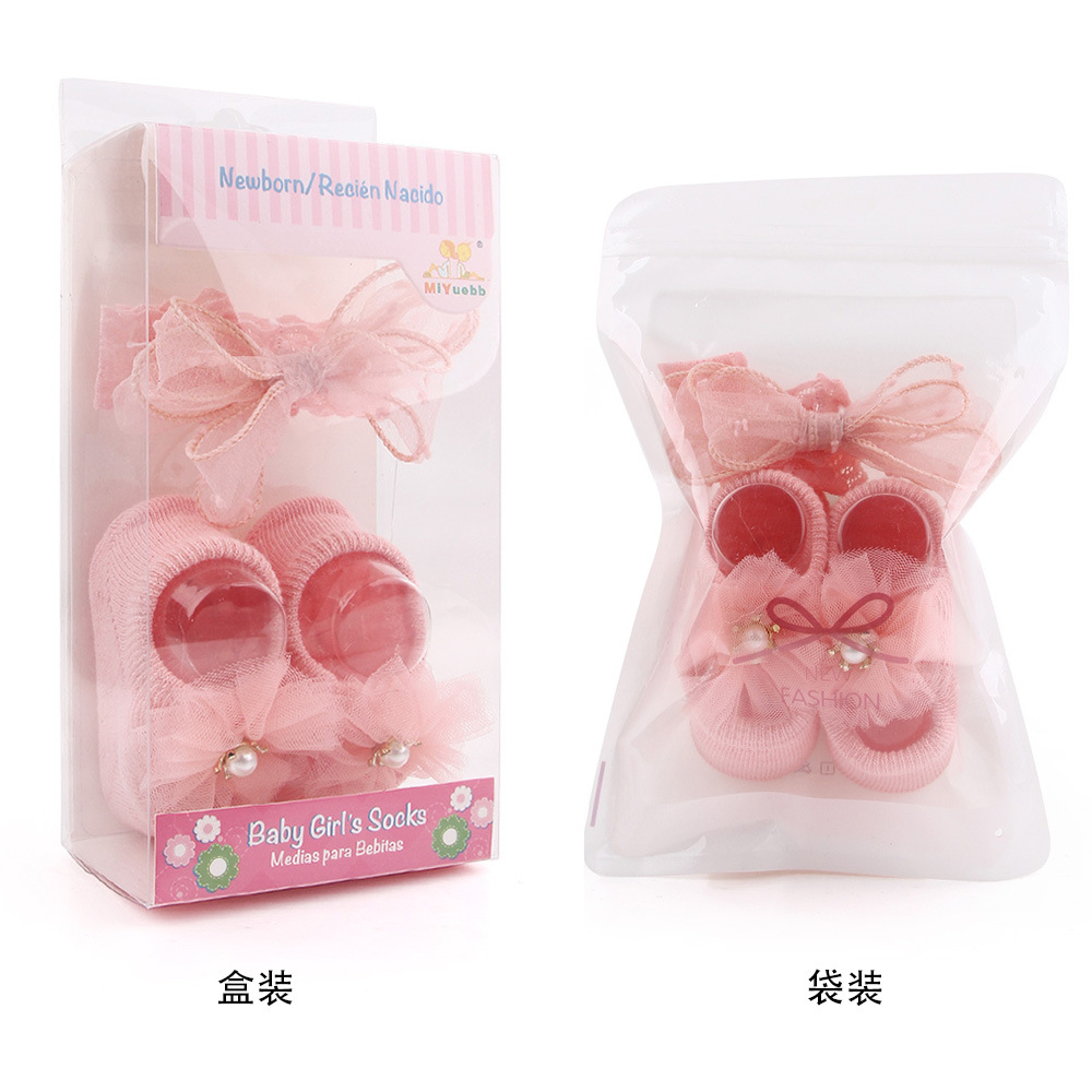 New solid color lace European and American baby socks Bow princess cute baby socks hair band set 2619 pic 1