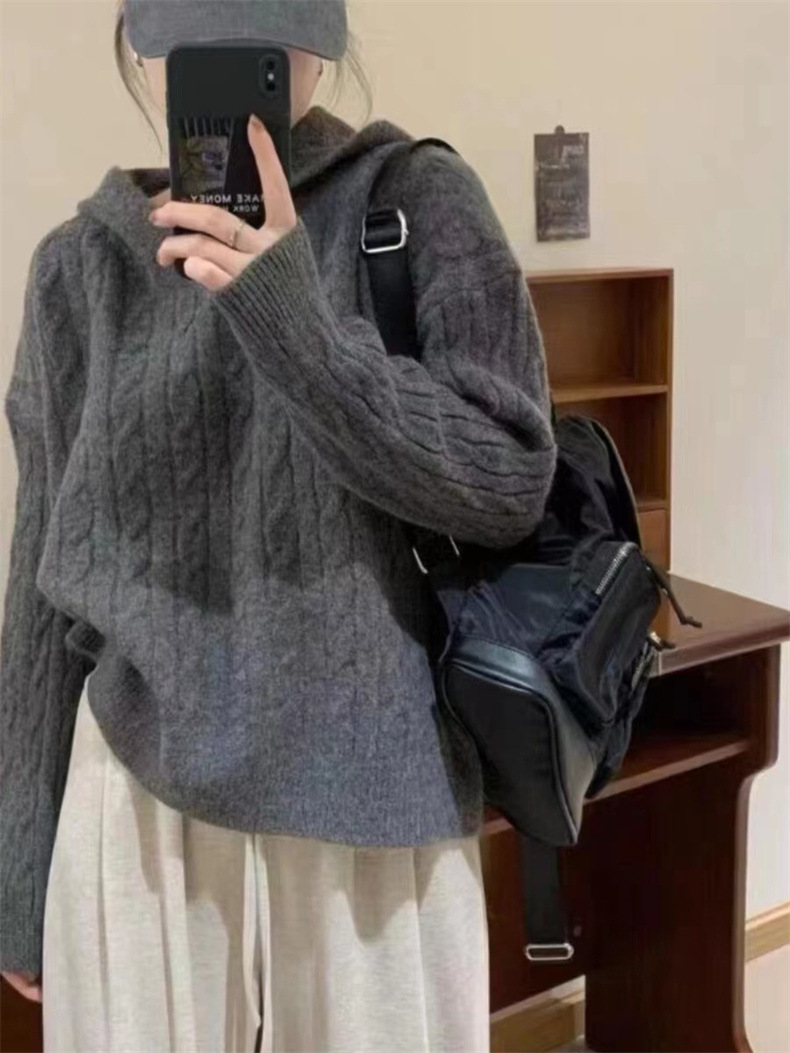 Hooded braided Korean-style laid-back sweater for women 2023 autumn/Winter new casual and versatile loose knitted pullover for women pic 4