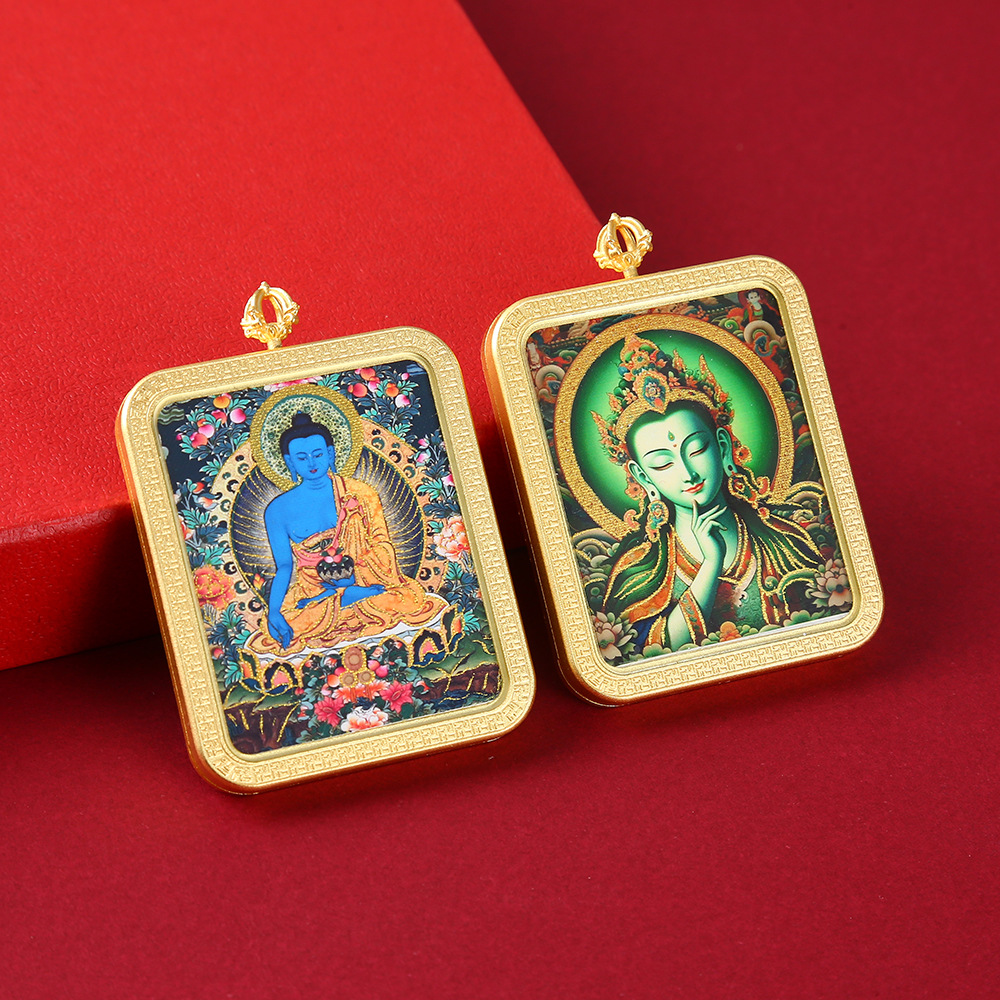 藏式半手绘双面唐卡吊坠 扎基拉姆唐卡 五台山龙五爷黄铜工艺品详情5