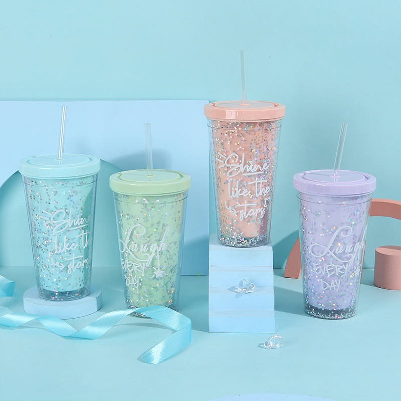 Summer new double-layer household carrying straw ice cup, popular star sequined creative plastic student gift water cup pic 1