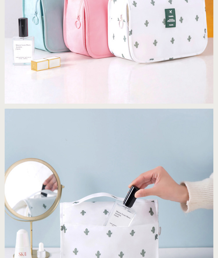 A modern, simple, waterproof travel bag with a large capacity and a hook for toiletries. It is a portable hand-held toiletries and cosmetics storage bag pic 19