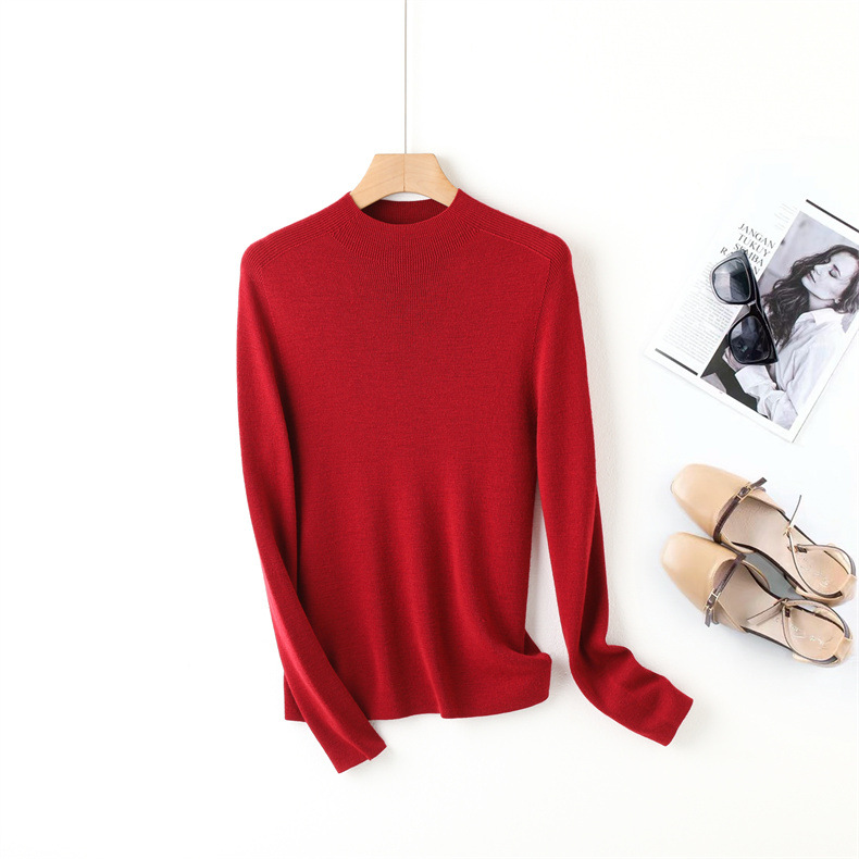 Fine-spun, machine-washable wool 100 knitted sweater design, semi-high collar, slimming, solid color autumn new wool sweater top pic 19