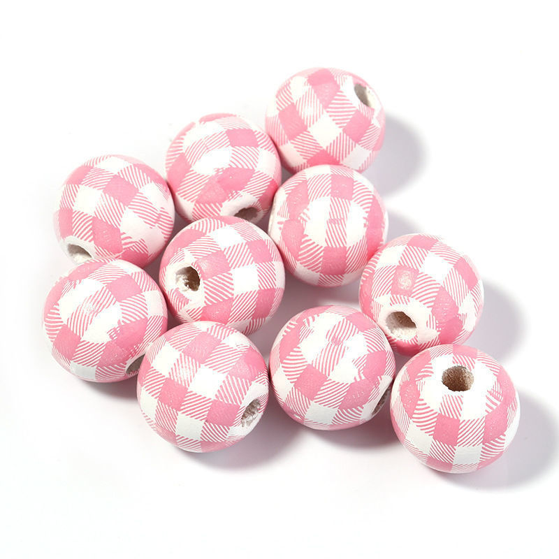 千鸟格木珠DIY挂饰装饰串珠彩色格子木珠配件条纹印花带孔木珠详情23