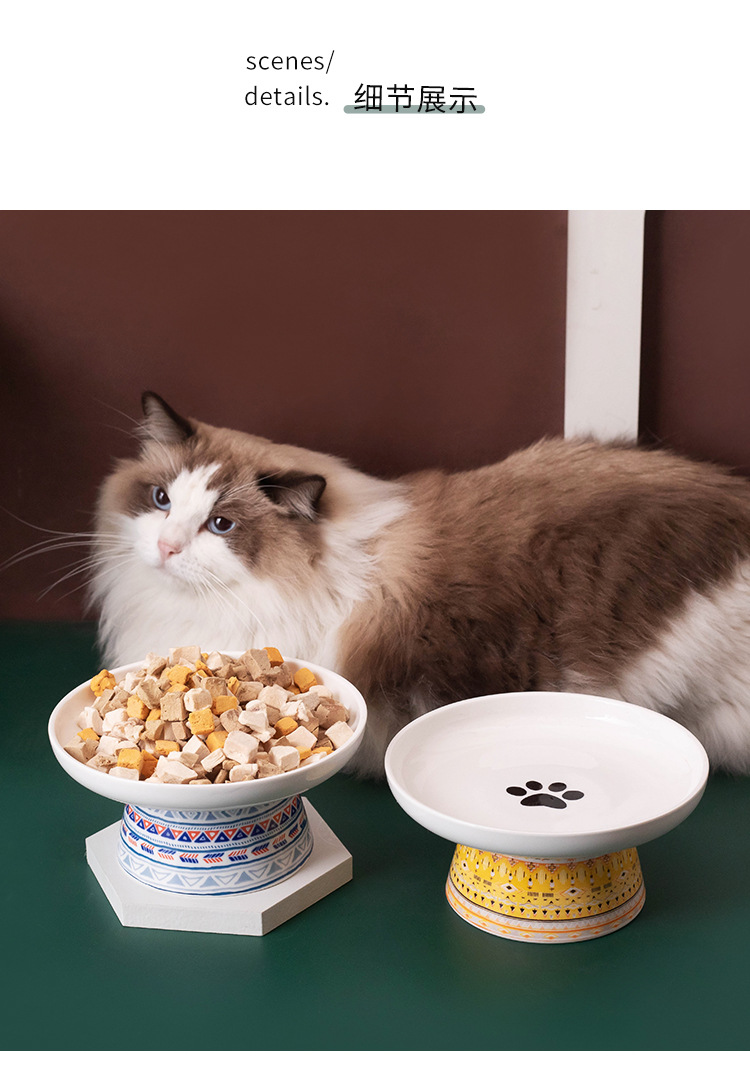 亚马逊陶瓷猫碗高脚护颈椎猫粮碗猫盆饮水碗宠物零食碗波西米亚风详情9
