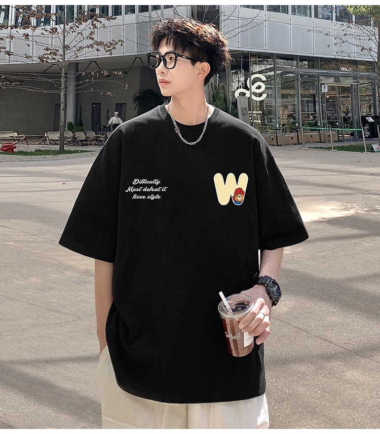 Camiseta de manga corta de estilo americano de algodón pesado hombre verano 2024 nuevo oso estampado estado de moda puerto estilo chico camiseta pic 7