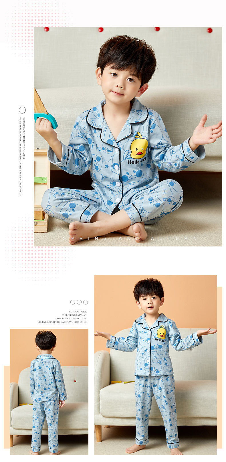 儿童睡衣女孩针织棉春秋冬开衫翻领长袖外贸男工厂宝宝家居服套装详情40