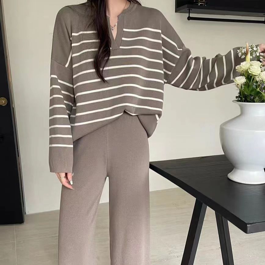 A two-piece Korean-style loose striped knitted top and casual high-waisted, sagging knitted wide-leg pants pic 27