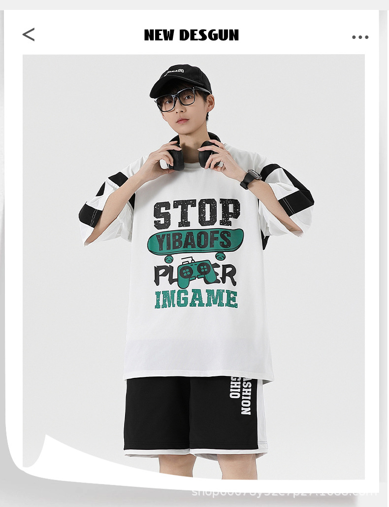 夏季薄款宽松短袖T恤套装批发青少年男初高中生潮流帅气两件套详情1