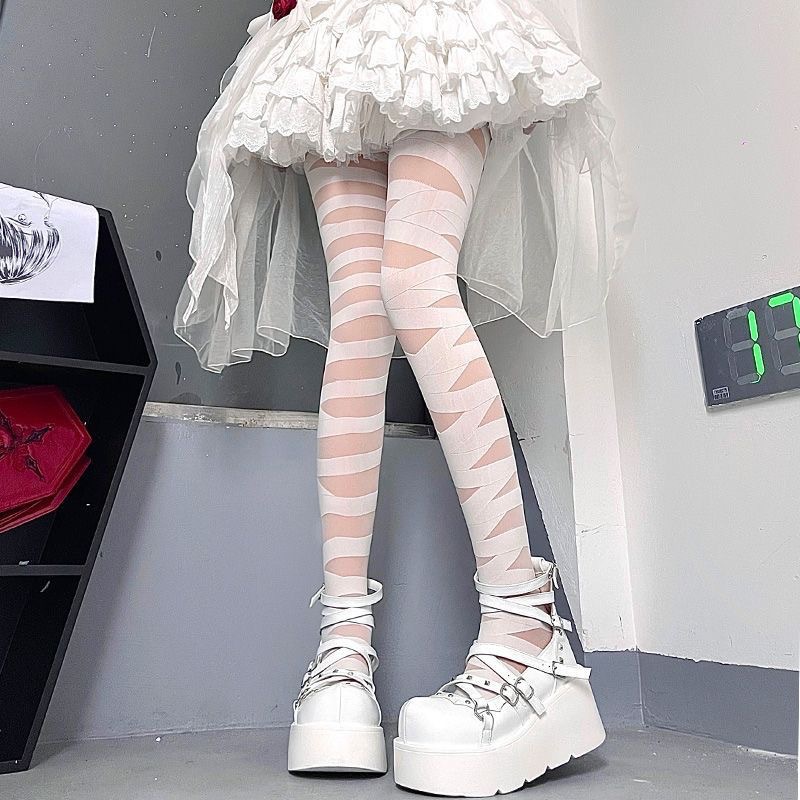 lolita交叉绑带白丝袜女夏季薄款纯欲黑丝性感朋克辣妹条纹连裤袜详情12