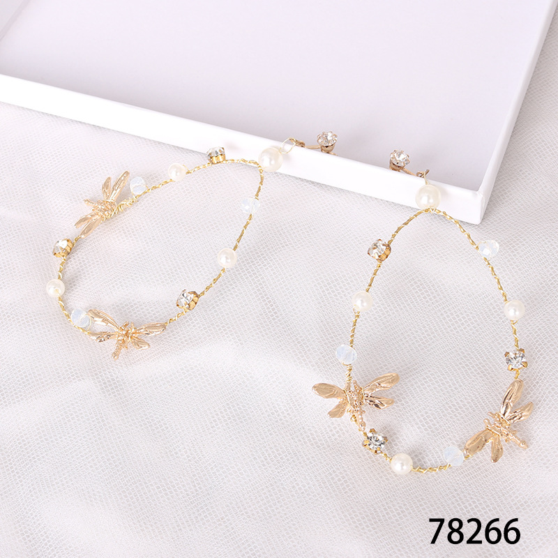 New bride headwear from Japan and South Korea, super fairy earrings, dragonfly oval ear clips, princess wedding accessories, pearl earrings pic 9