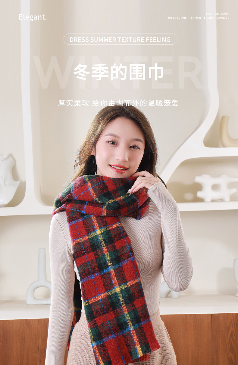 Winter couple student checkered scarf for girls 2023 Christmas gift, thickened and warm fringed faux cashmere scarf shawl pic 3