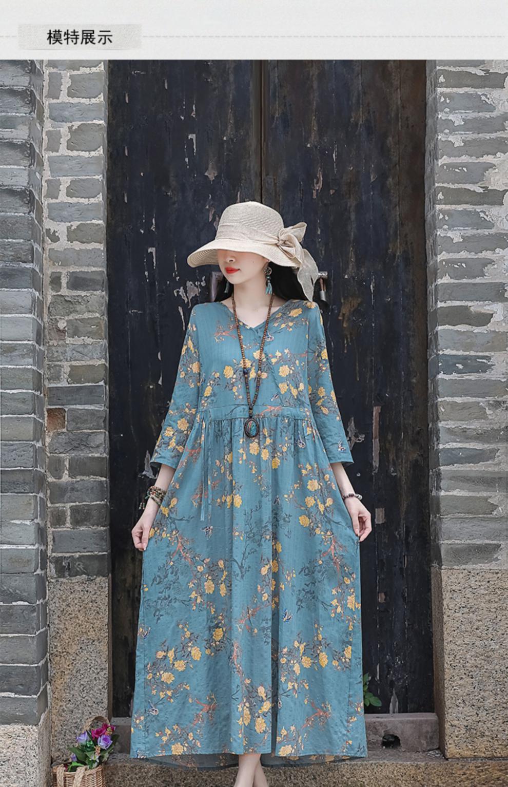 2024夏季新款中年妈妈复古文艺印花棉麻收腰连衣裙宽松大摆长裙女详情14