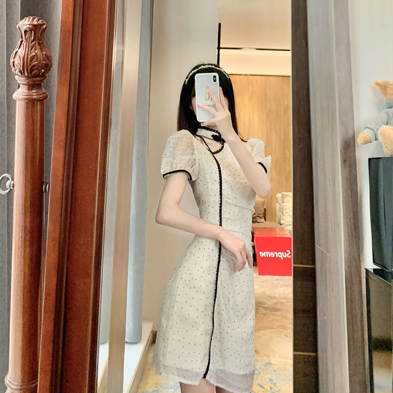 法式波点改良旗袍连衣裙洋气减龄高腰显瘦设计感可盐可甜裙子夏季详情12