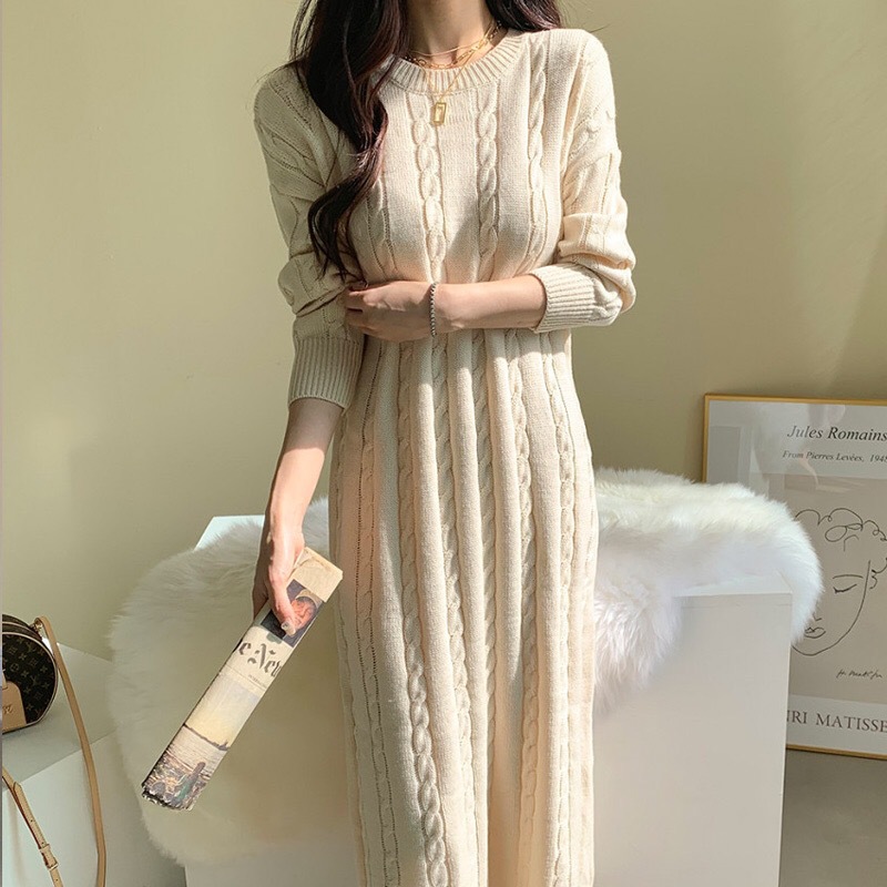 韩版chic秋冬新款圆领麻花针织长款宽松加厚连衣裙毛衣详情2