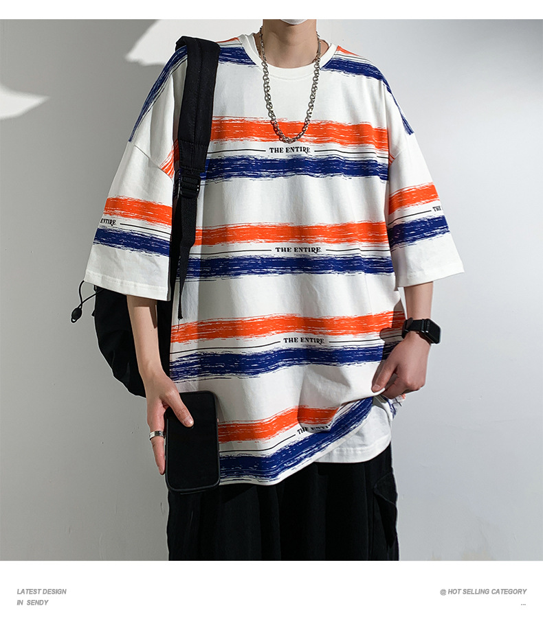 全棉条纹短袖T恤男2024港风青少年百搭宽松五分袖纯棉体恤衣服潮详情15