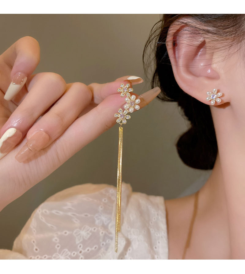 S925银针不对称珍珠花朵耳环女轻奢高级感流苏长款耳钉耳饰品批发详情14