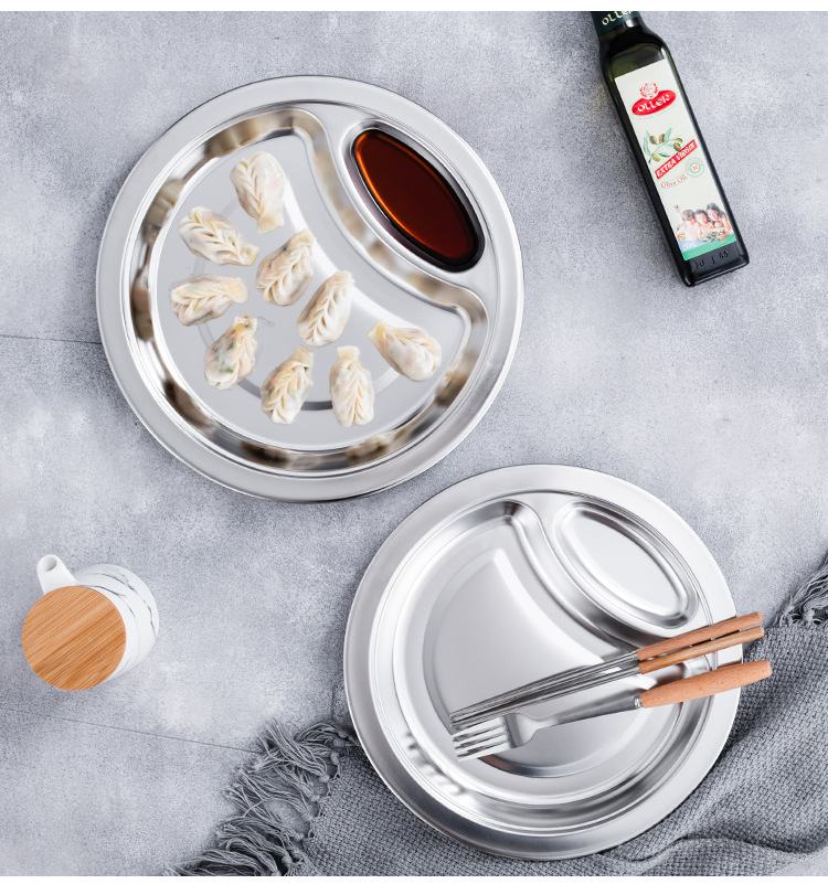 Non-magnetic dumpling plate, stainless steel fast food plate, hotel room dinner plate, household stainless steel dumpling plate with vinegar dish, cafeteria pic 13