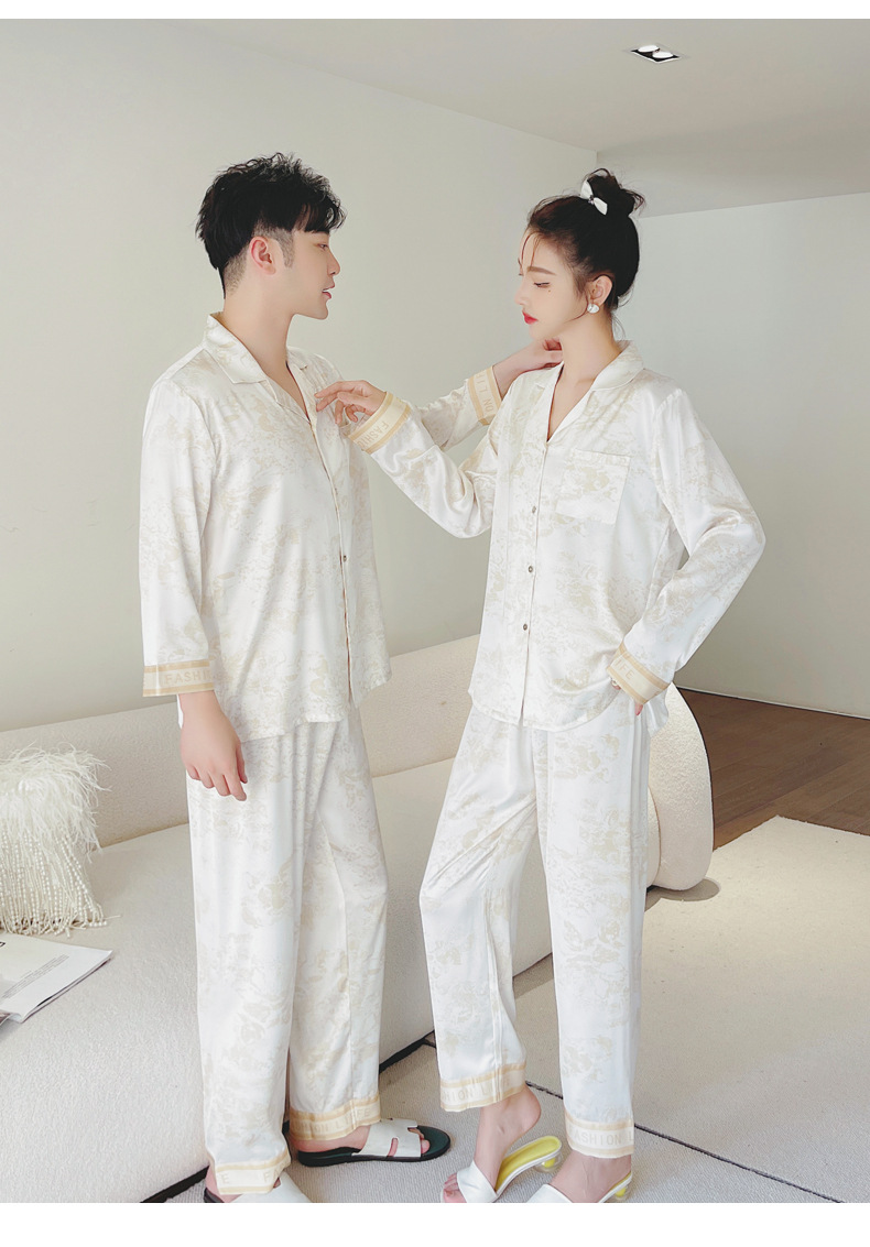 2023春季新款情侣睡衣女印花冰丝长袖长裤套装可外穿男士家居服夏详情12