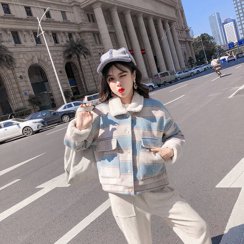 New loose checkered thickened windbreaker, short and versatile woolen coat for petite people pic 15