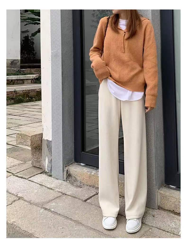 Otoño invierno 2022 pantalón de pierna ancha mujer casual holgada cintura alta con sensación de caída pantalón mop con fleece y espesor negro apricot pantalones rectos mujer pic 14