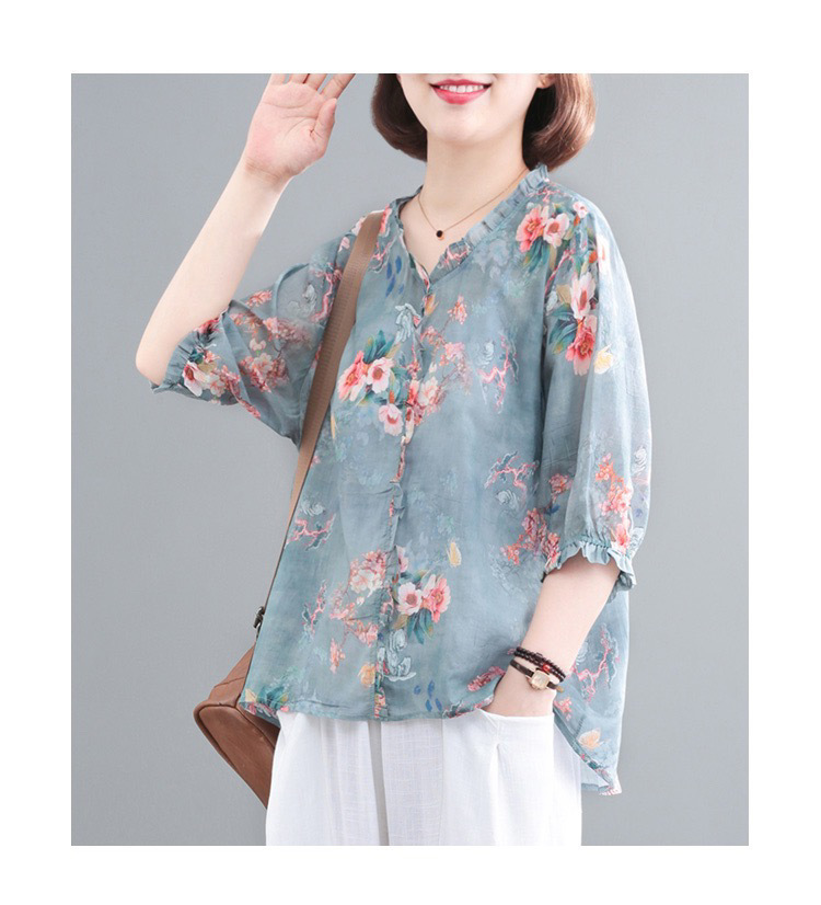 2023春夏新款韩版时尚气质大码1减龄印花复古洋气棉麻短袖T恤女装详情8