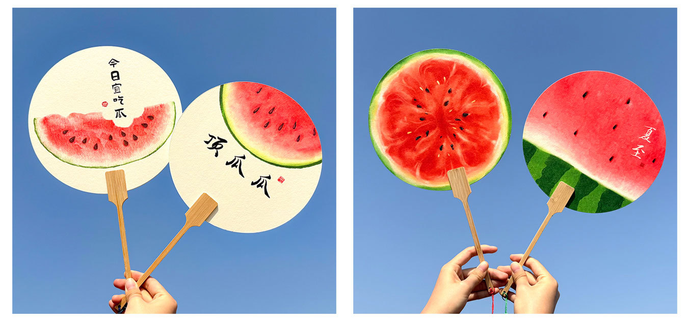 创意手绘西瓜宣纸团扇中国风国潮扇子夏季旅游拍照打卡暖场小道具详情2