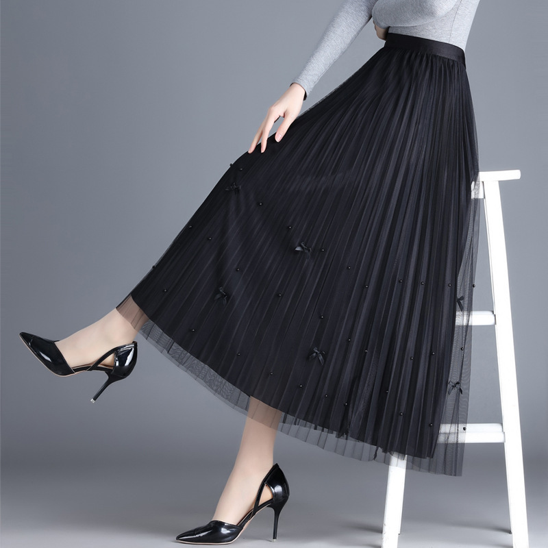 垂感网纱温柔气质蝴蝶结钉珠网纱百褶裙2024春夏新款半身裙详情1