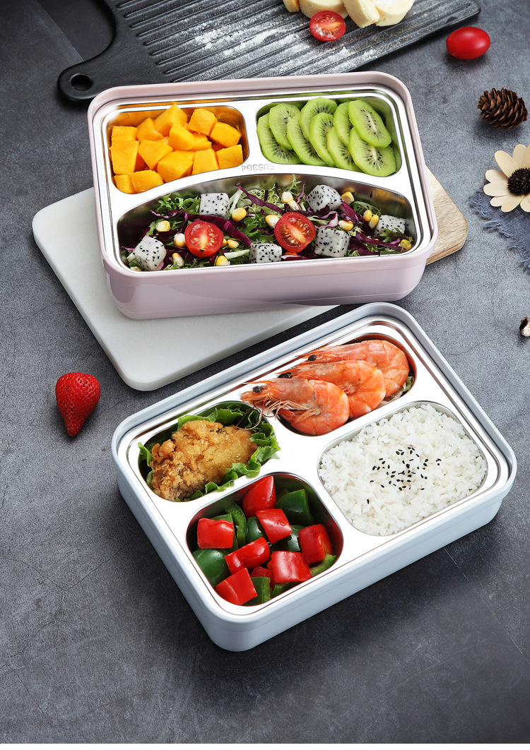 创意304不锈钢分层饭盒 分格保温午餐盒 带餐具格便当盒lunch box详情3