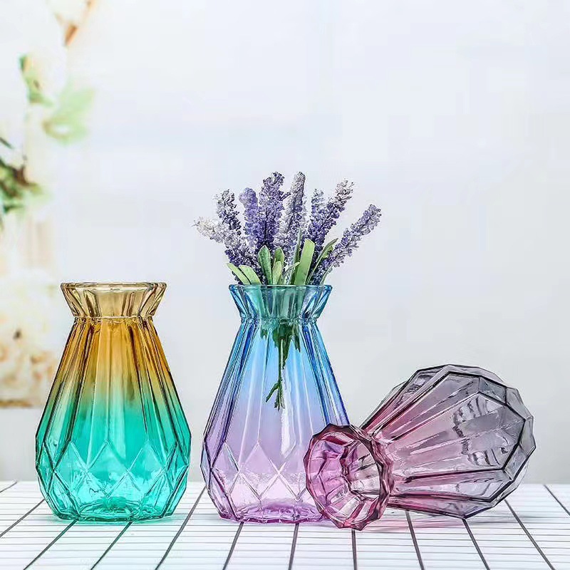Simple transparent glass vase, two-color diamond, fresh and delicate flower arrangement, retro colorful craft display piece pic 15