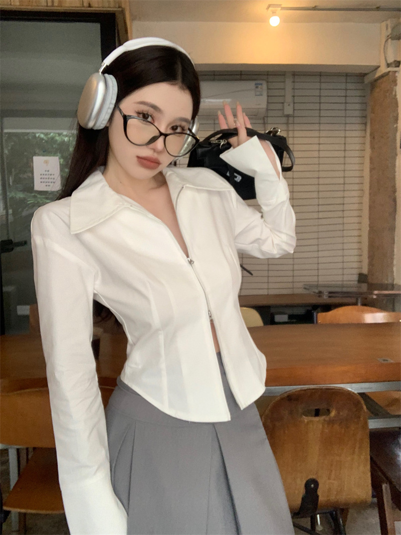 实拍2023春季新品艺术学姐白色衬衫女高级感短款修身长袖拉链衬衣详情1