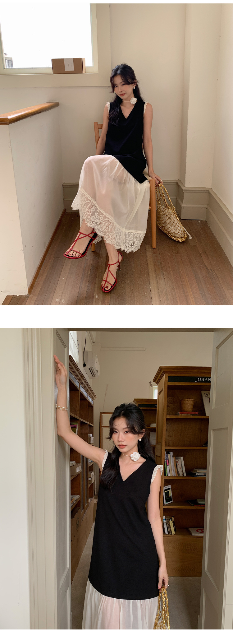 爱西里2024夏季法式温柔蕾丝拼接小黑裙欧根纱撞色连衣裙女11210详情10