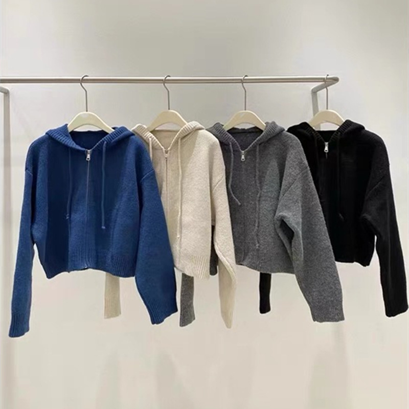 韩系设计感拉链连帽针织开衫女春秋新款宽松休闲短款慵懒毛衣外套详情17