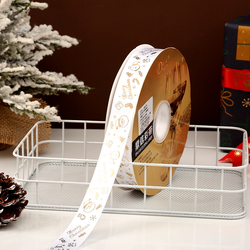 Dingxin Christmas ribbons are in stock and available for wholesale. 2.5CM gold-embossed printed Christmas gift packaging bow polyester ribbons pic 13