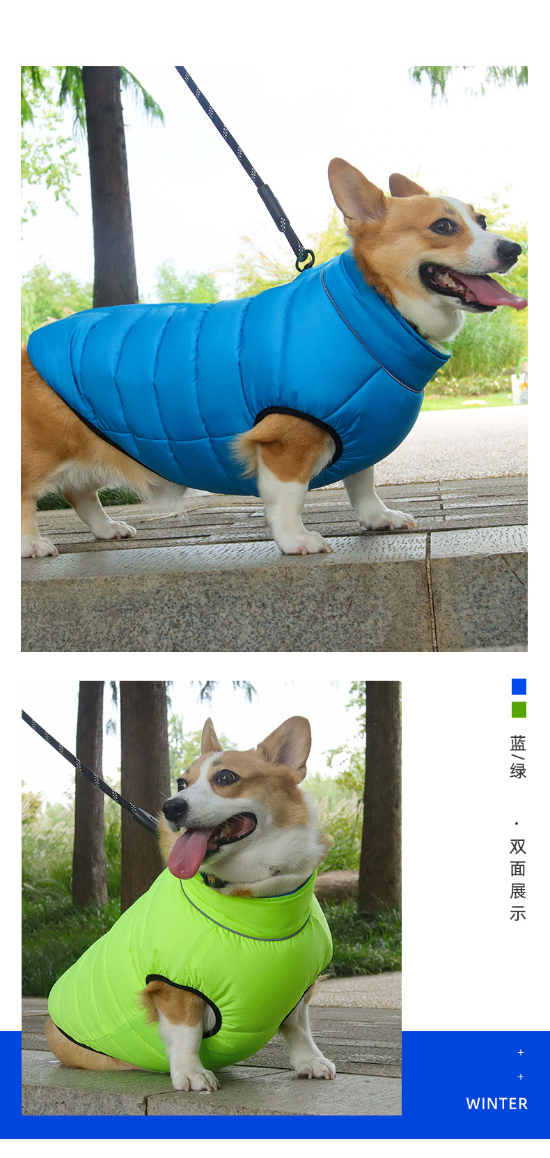 New autumn and winter dog clothes: Warm, reflective, thickened waterproof cotton coat for puppies, double-sided wearable, 698 pic 12