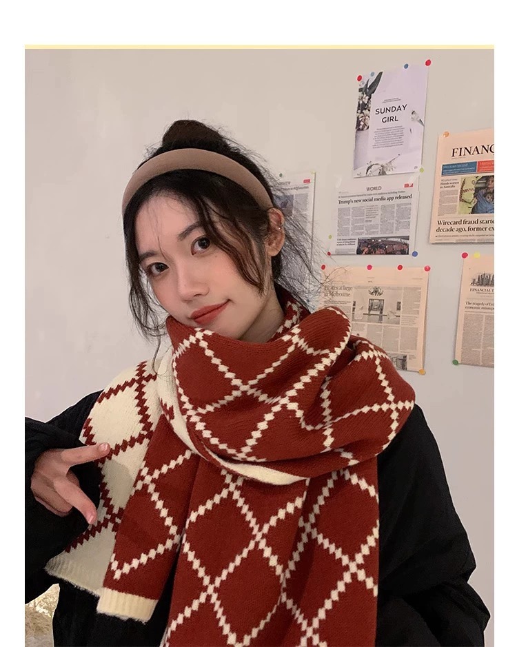 围巾女秋冬款韩版格子双面菱形围巾情侣高档百搭毛线围脖双面保暖详情10