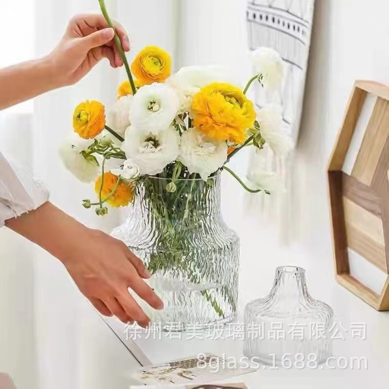Nordic glacier patterned transparent glass vase, ins feng shui flower arrangement vase, living room decoration, Internet celebrity vase pic 19
