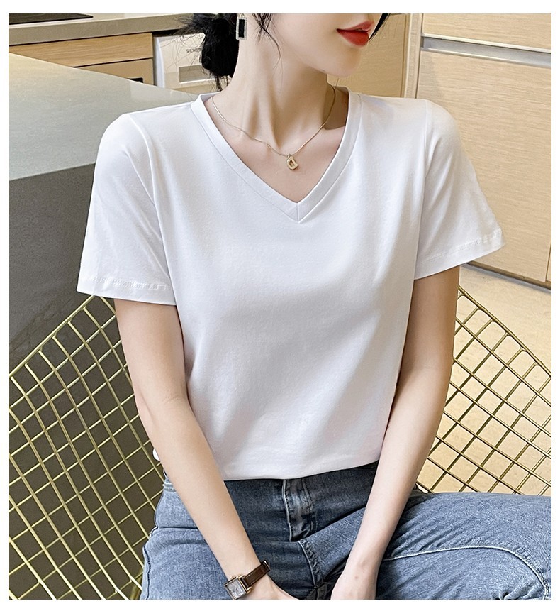 夏装宽松白色纯棉V领T恤女短袖2023新款时尚气质洋气小衫正肩体恤详情8