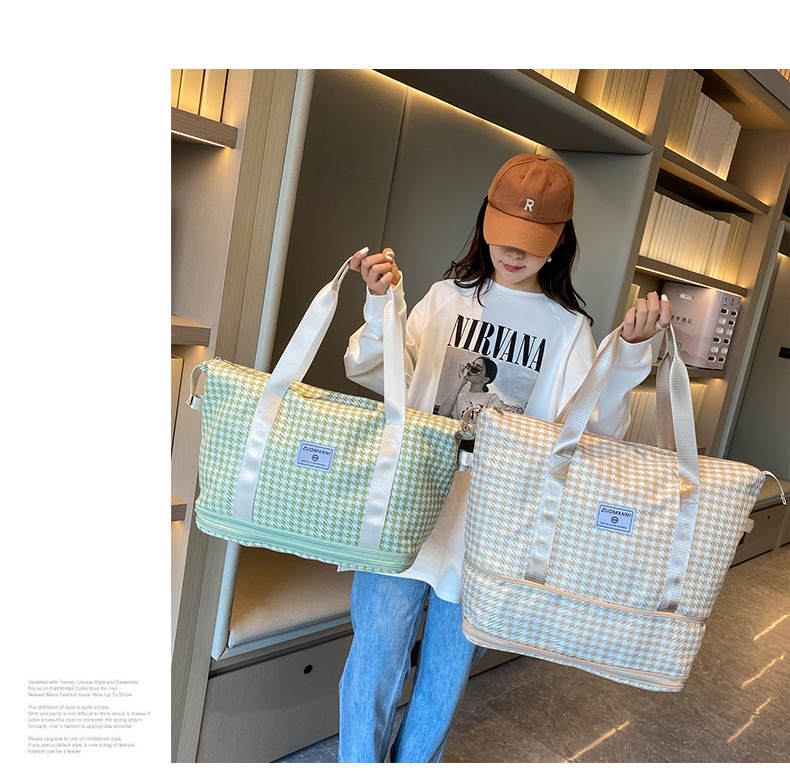 潮流时尚千鸟格花纹手提旅行包大容量运动收纳健身包可折叠背包详情36