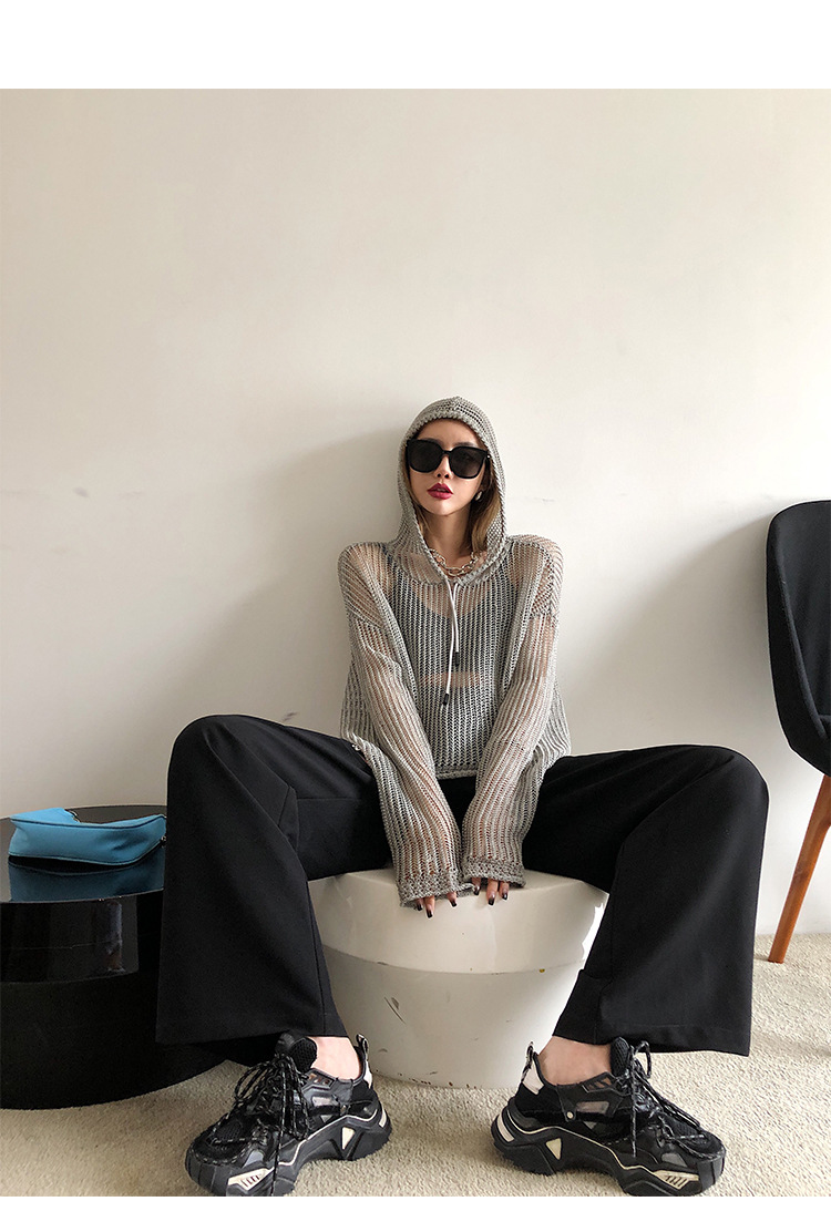 李婉君宽松连帽镂空针织衫女2020夏季薄款星辰反光蹦迪上衣长袖衫详情16