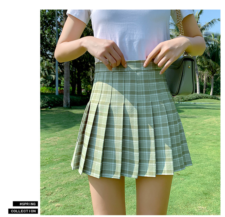 2021 New Korean-style high-waisted, slimming, versatile and anti-glare A-line checkered pleated skirt short skirt for women pic 23