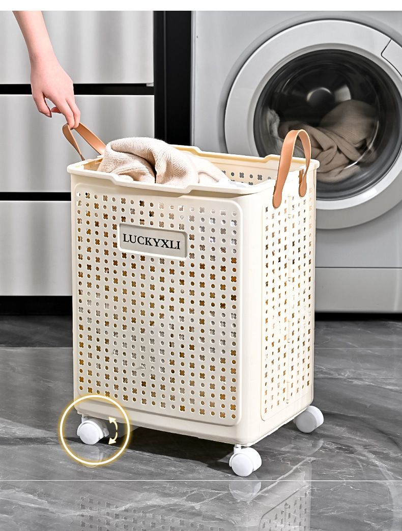 Household folding laundry basket, household wheeled movable bathroom and bedroom multi-functional large laundry basket storage basket pic 9