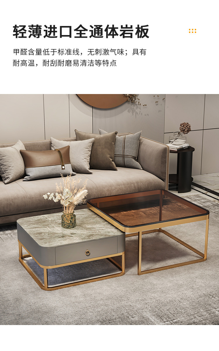 Light luxury and simple glass bright coffee table, square-sized combination, extendable coffee table, Italian-style small apartment rock plate tea table pic 9
