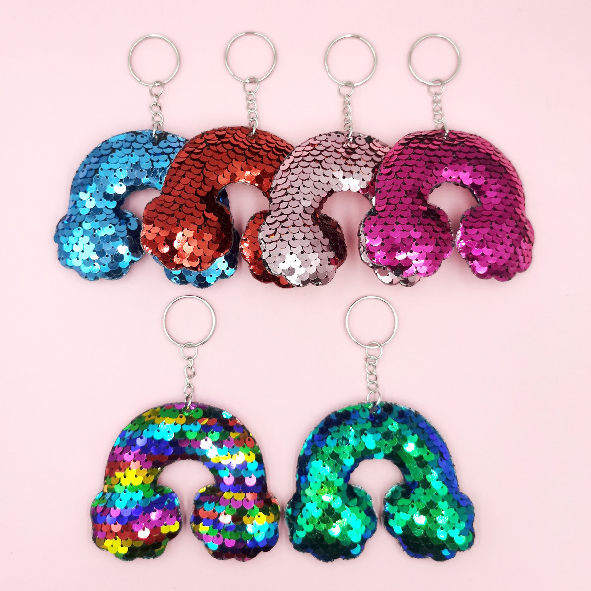Cross-border set: 6 reflective double-sided flip cover sequin rainbow keychains, rainbow sequin small pendants, car ornaments pic 5