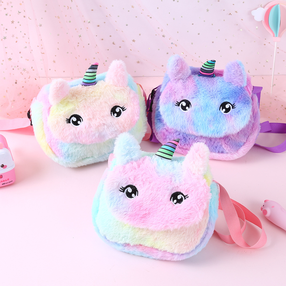 A popular little princess plush unicorn single-shoulder crossbody bag, a cute little schoolbag with a childlike and girlish heart, and a cartoon coin purse pic 1