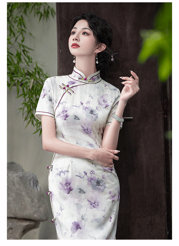 国潮2025新款民国风复古素雅国朝风气质优雅短袖改良年轻款提花旗袍详情9