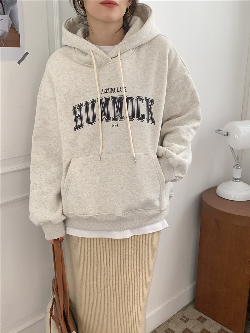 Letter-printed pullover with fleece hooded sweatshirt for women 2023 autumn/Winter new style Korean loose and versatile long-sleeved top pic 17