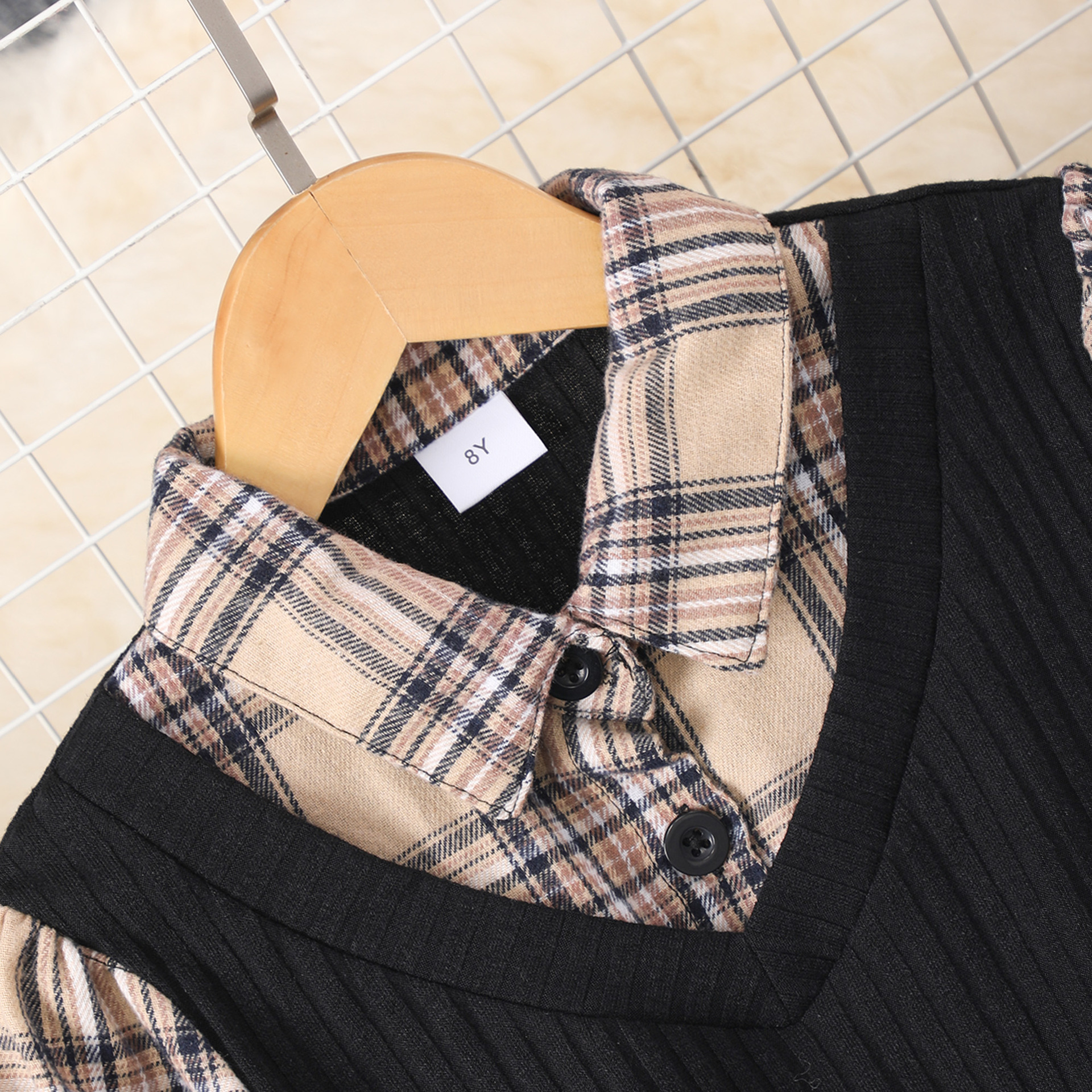 2024新款秋季中大童拼色格子袖黑收腰长裙详情3