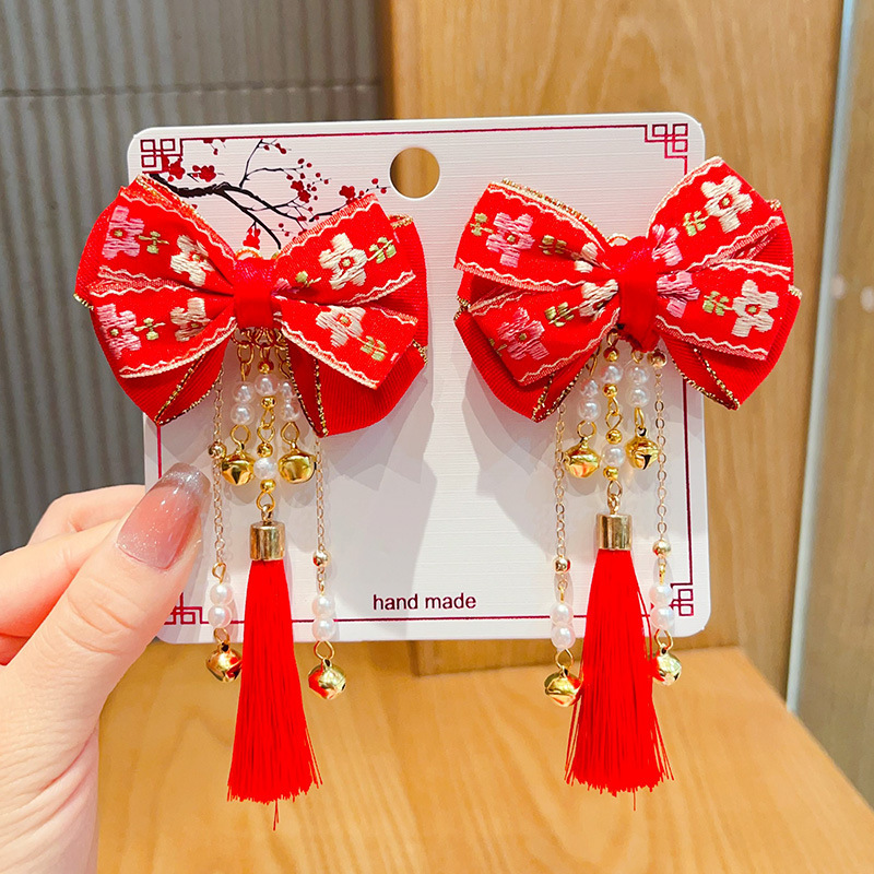 新年款红色古风流苏发夹儿童汉服发卡头饰女童复古蝴蝶结发夹发饰详情44