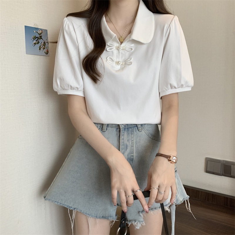 正肩Polo领短袖T恤女夏季大码胖mm显瘦新中式国风上衣泡泡袖小衫详情9